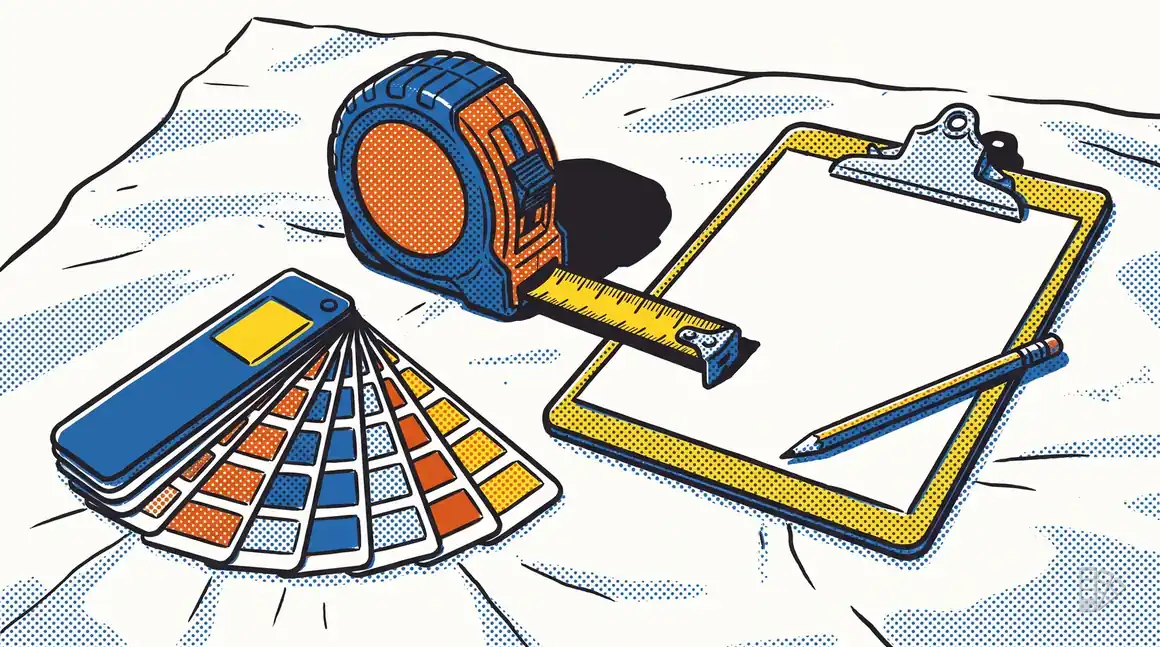 Pop-art illustration of a tape measure, blank clipboard and fan deck on a drop cloth