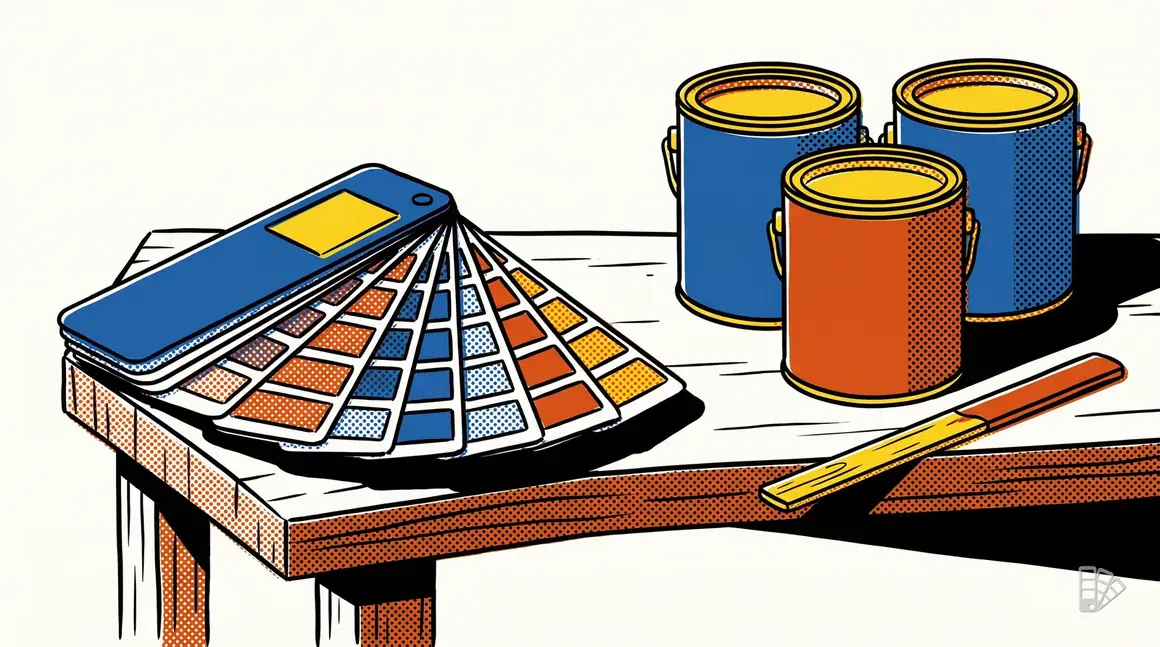 Pop-art illustration of an open fan deck of chips beside three blank paint cans