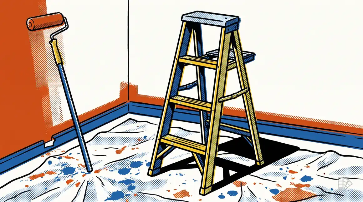 Pop-art illustration of a room mid-coat with a ladder, roller and taped cut-in edge