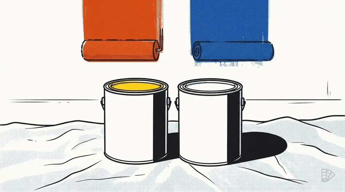Pop-art illustration of two blank paint cans below two rolled test patches
