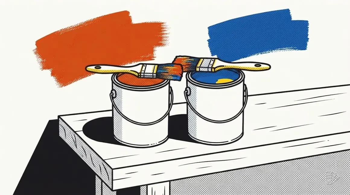 Pop-art illustration of two open blank cans with brushes and two brushed patches