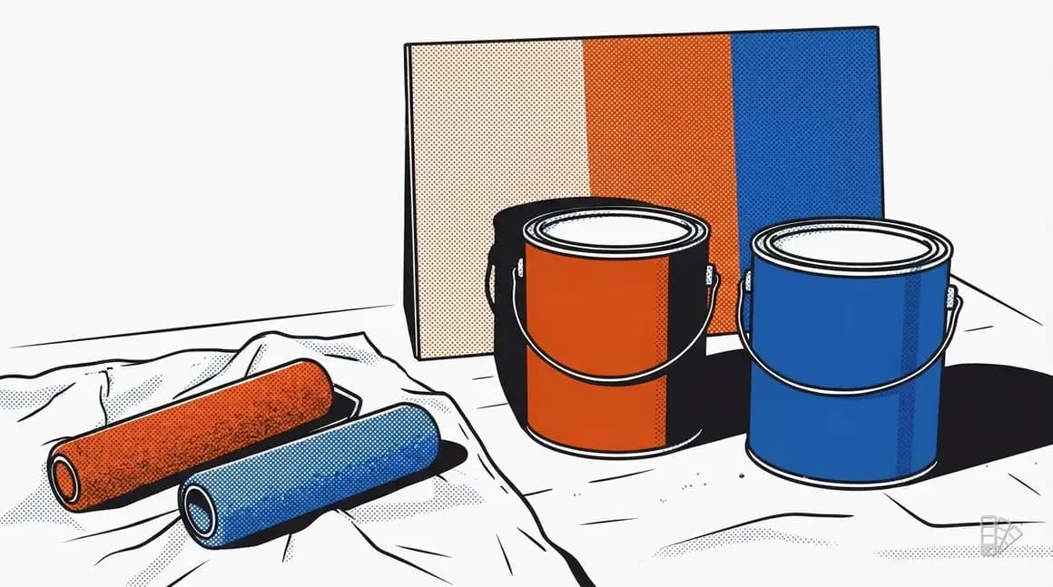 Pop-art illustration of two blank cans and two roller sleeves before a split test board
