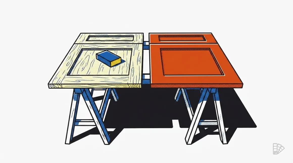 Pop-art illustration of two cabinet doors, one sanded to bare wood and one sprayed