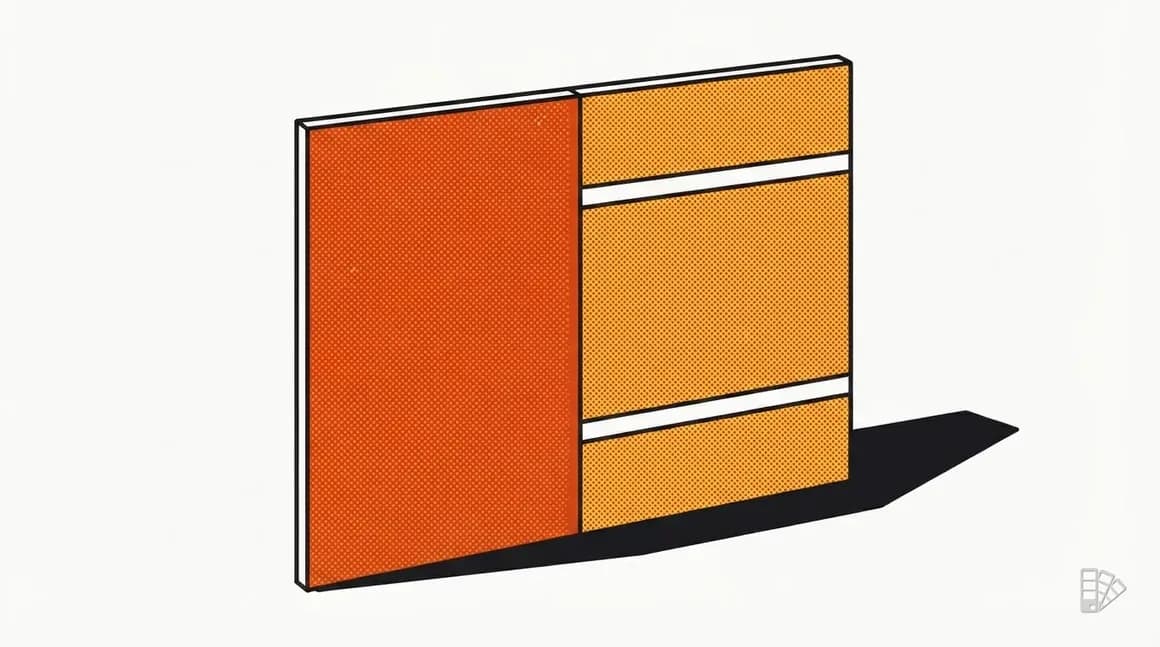 Pop-art illustration of a split test panel showing two sheen levels under raking light