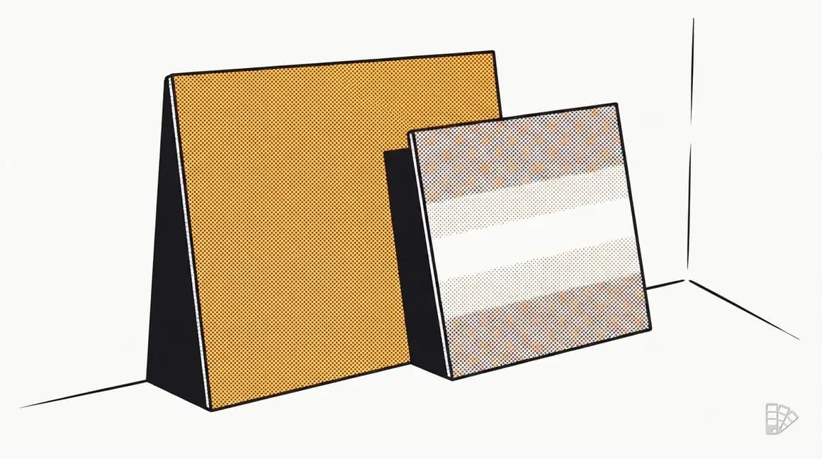 Pop-art illustration of two coated drywall offcuts, one flat and one with a faint sheen