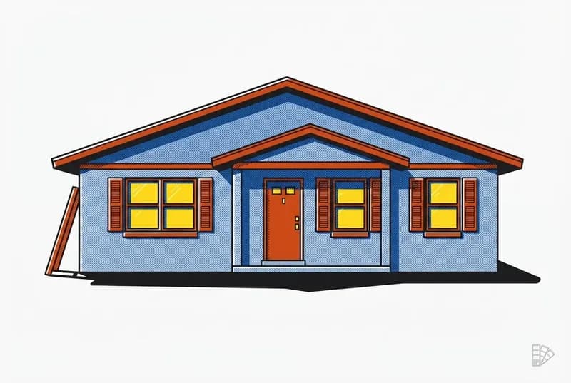 Pop-art house elevation with the body flat and the fascia, trim, door and shutters in satin