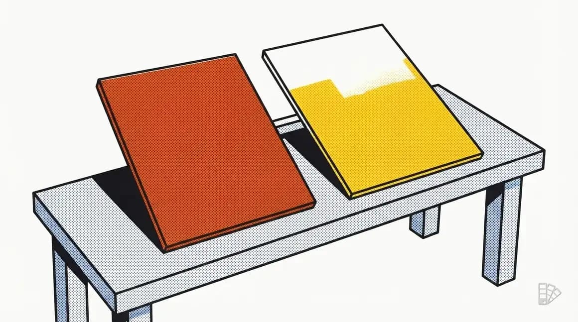 Pop-art illustration of two coated sample boards with different light response
