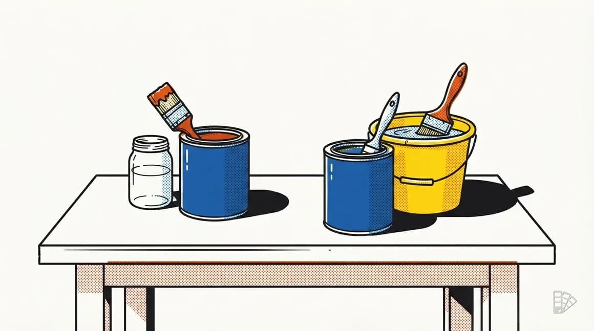 Pop-art illustration of two blank cans, one brush in solvent and one in water