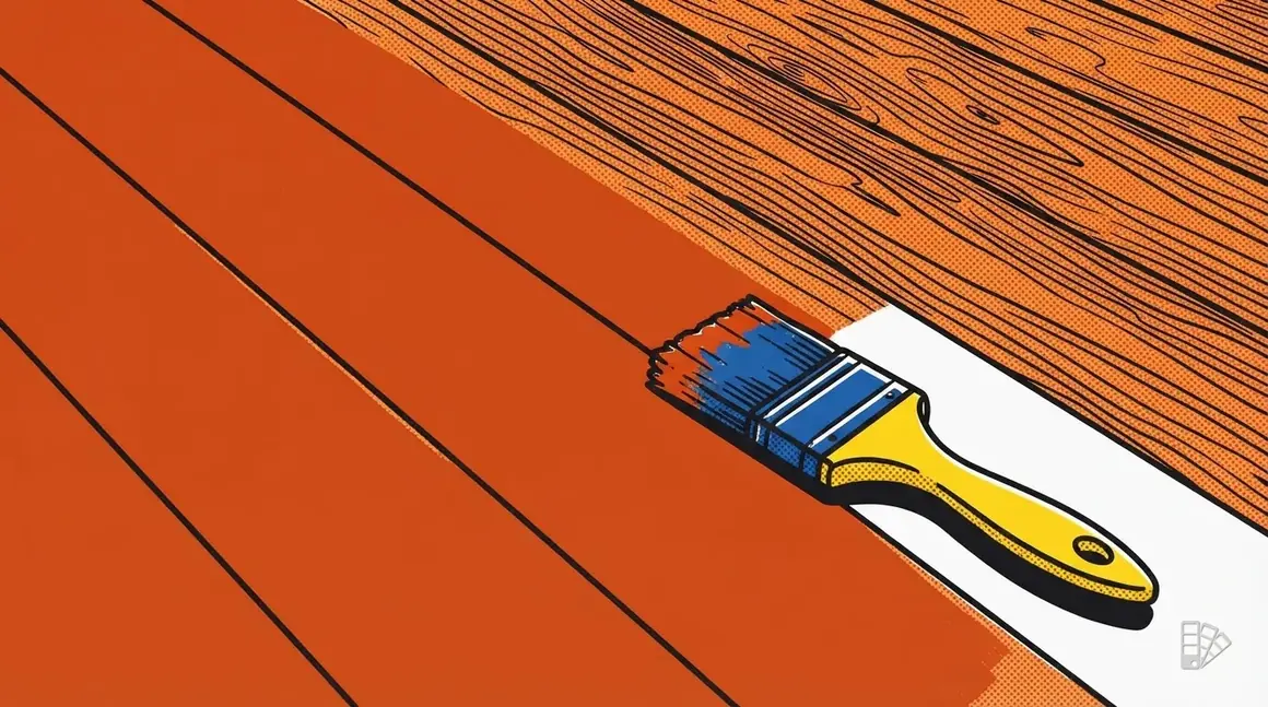Pop-art illustration of deck boards half painted solid and half stained with visible grain