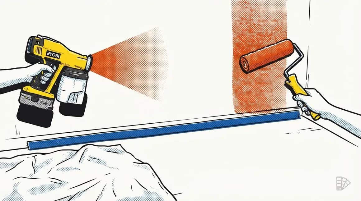 Pop-art illustration of a wall being sprayed on one side and back-rolled on the other