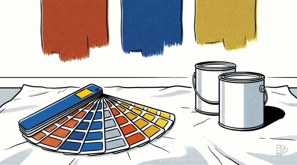 Pop-art illustration of an open fan deck and three brushed test patches on a wall