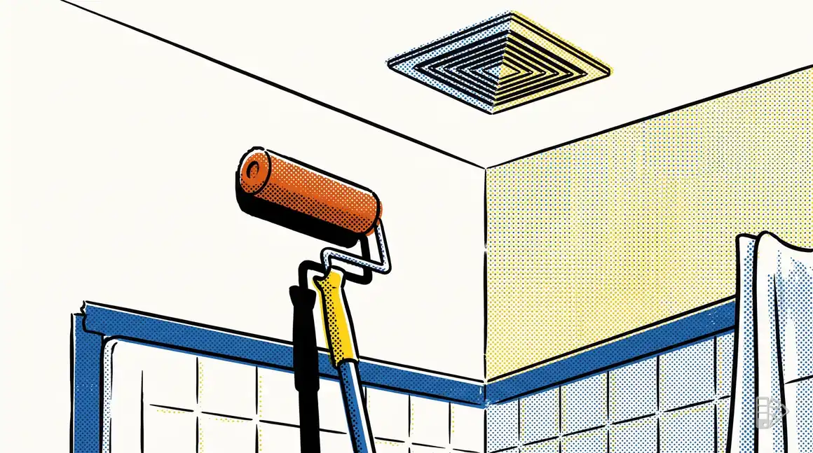 Pop-art illustration of a bathroom wall being rolled beside a taped tub edge