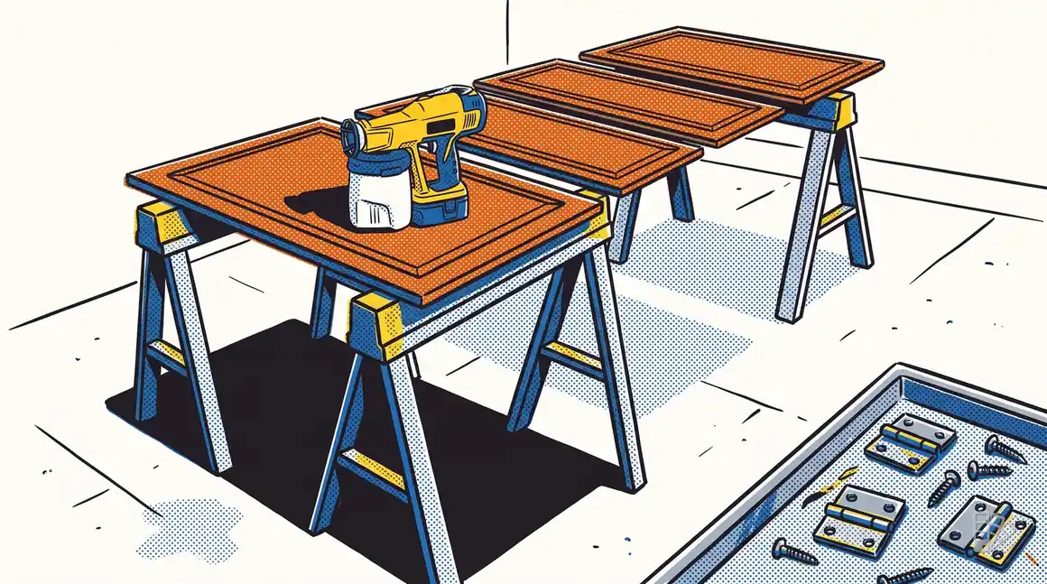 Pop-art illustration of cabinet doors on sawhorses with a spray gun resting on one