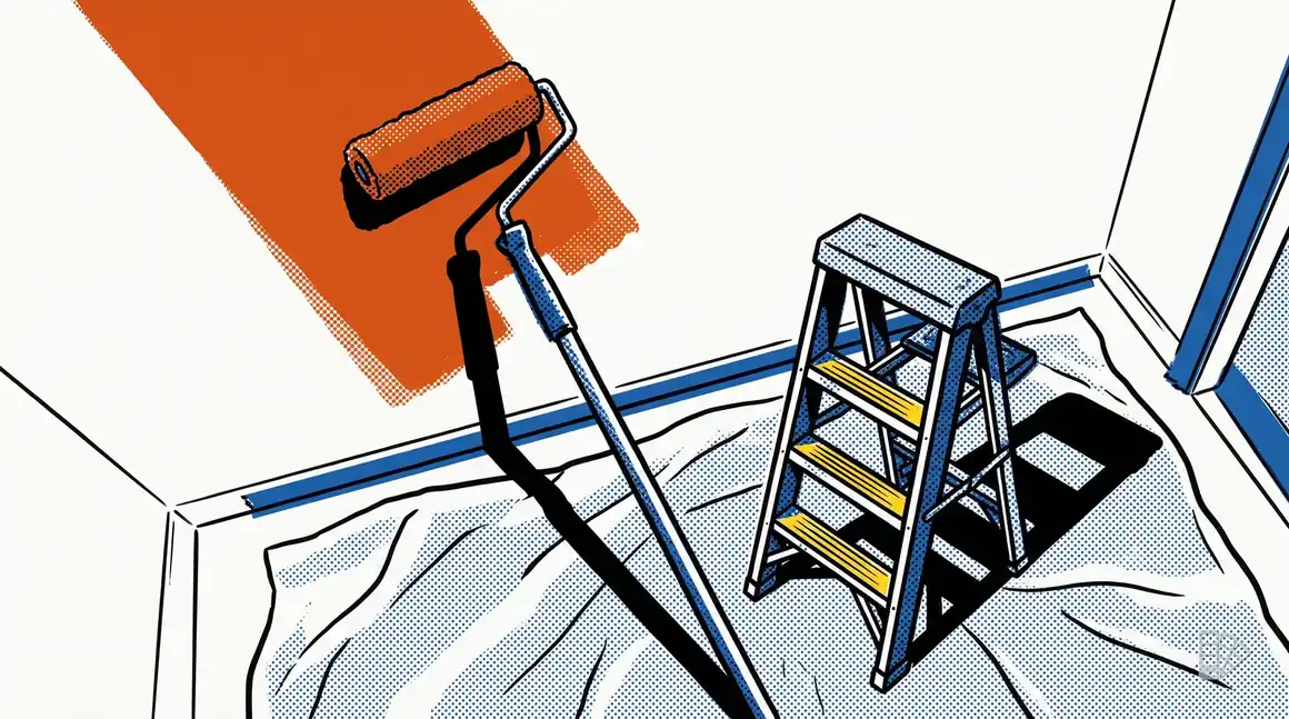 Pop-art illustration of a ceiling being rolled from an extension pole above a drop cloth
