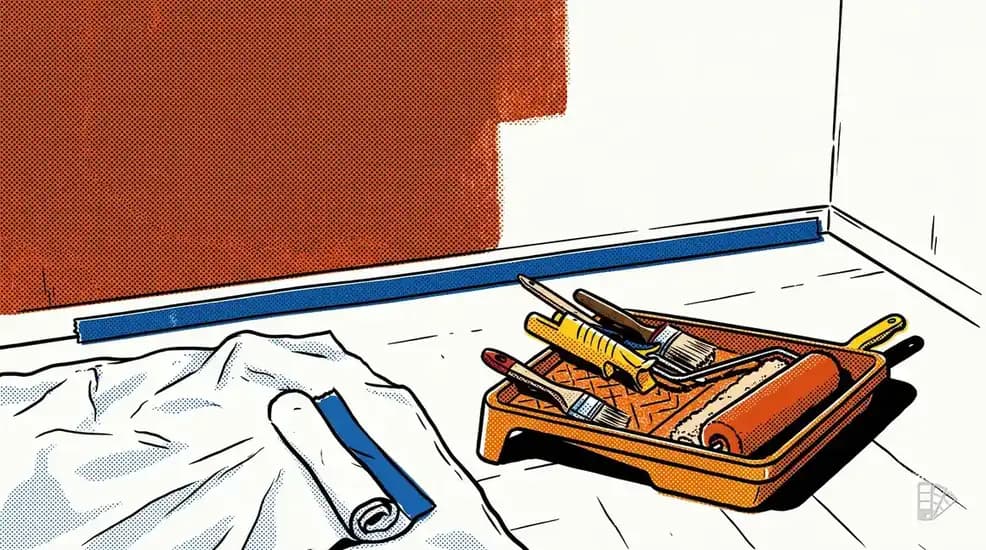 Pop-art illustration of an empty room with one wall half coated and a tray on the floor