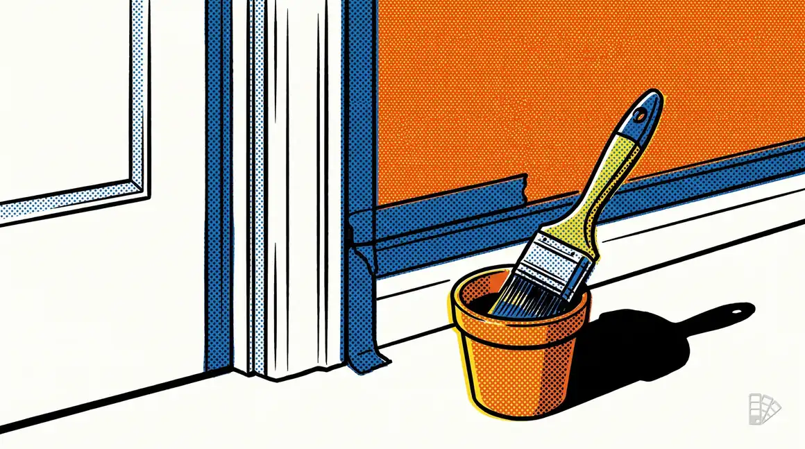 Pop-art illustration of taped trim with an angled sash brush on a cut pot