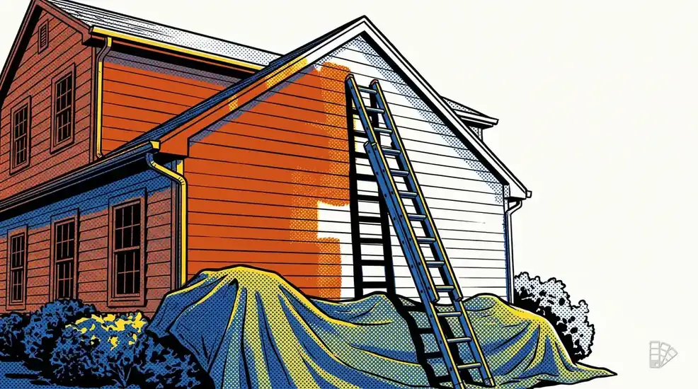 Pop-art illustration of a two-storey house half repainted with a ladder against the gable