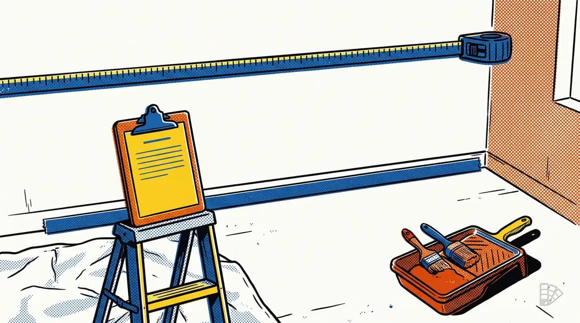 Pop-art illustration of an empty room with a tape measure across a wall and a clipboard on a stool