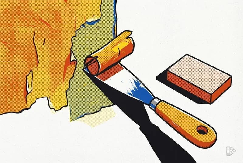 Pop-art vignette of a scraper lifting a curled paint flake from a wall