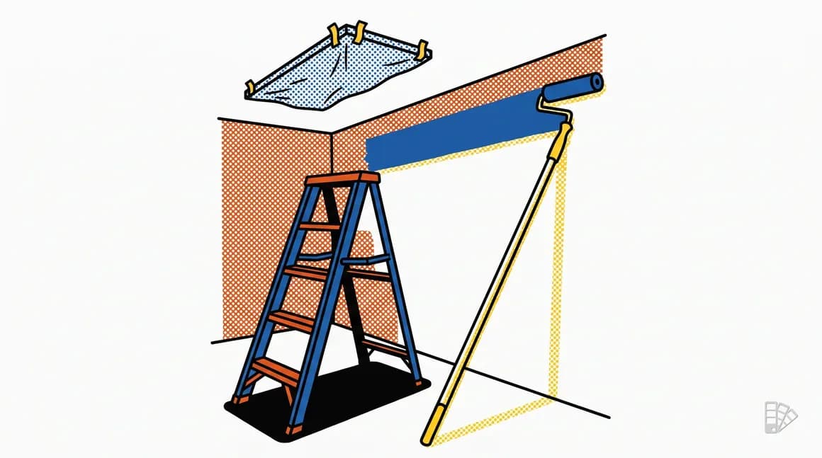 Pop-art illustration of a ceiling being rolled from a pole beside a step ladder