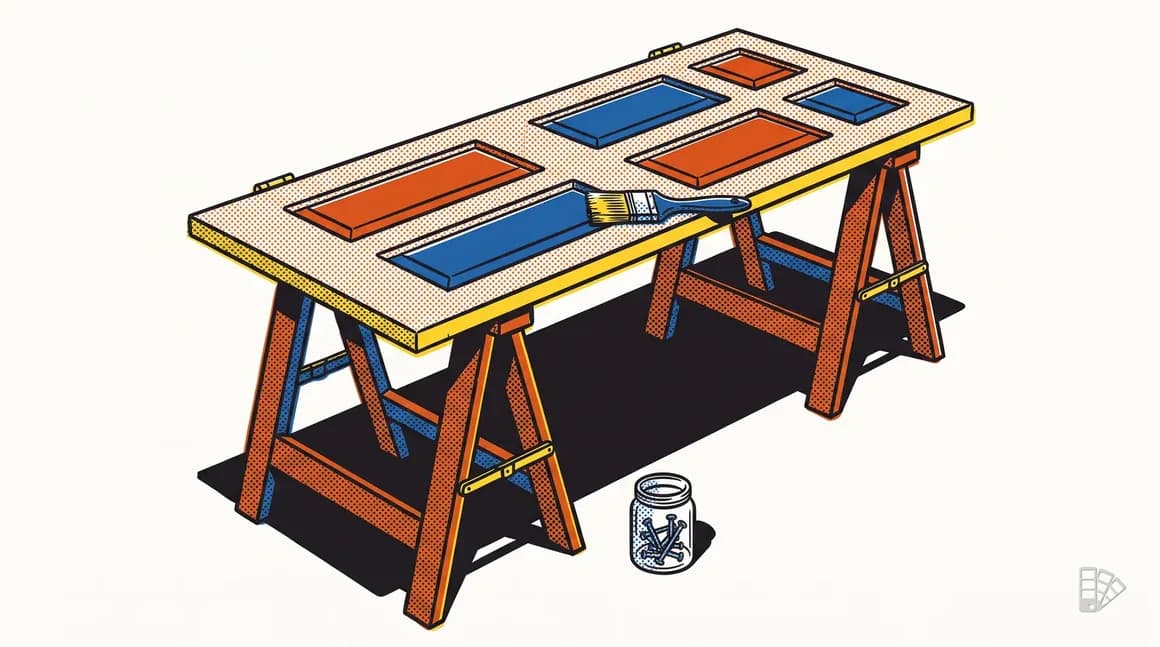 Pop-art illustration of a panelled door flat on sawhorses with a brush across a panel