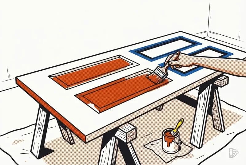 Pop-art vignette of a brush coating the panels of a door lying on sawhorses