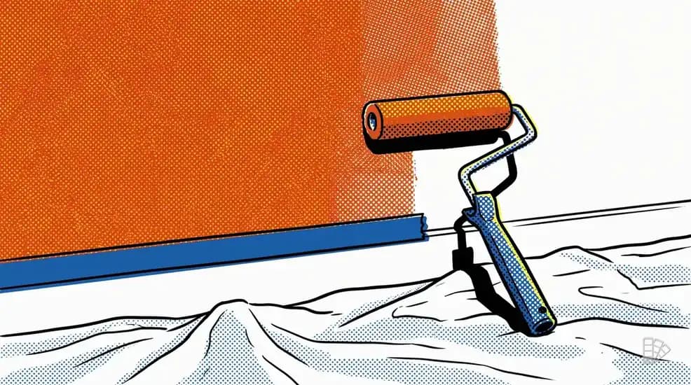 Pop-art illustration of a wall being rolled orange beside a taped cut-in edge