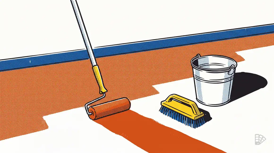 Pop-art illustration of a garage floor half coated with a roller on a long pole