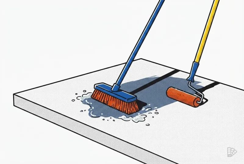 Pop-art vignette of a scrub brush etching concrete with a roller waiting