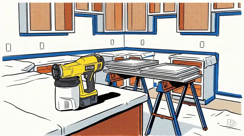 Pop-art illustration of a kitchen with masked cabinet boxes and doors on sawhorses