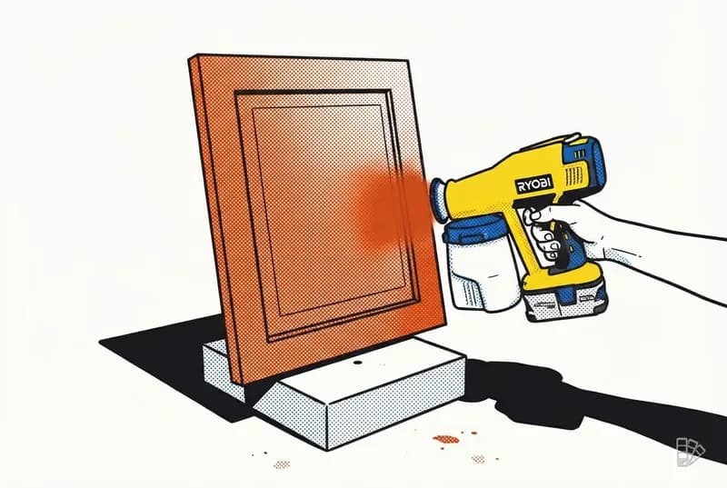 Pop-art vignette of a spray gun coating a cabinet door on a turntable block