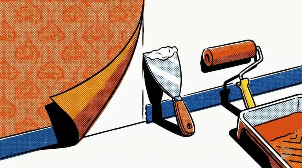 Pop-art illustration of wallpaper with a lifted corner and a knife skimming a seam