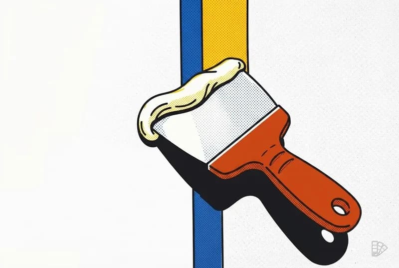 Pop-art vignette of a taping knife skimming filler over a wallpaper seam