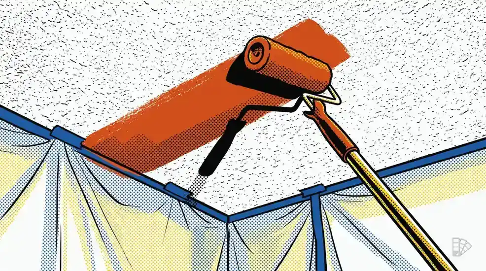 Pop-art illustration of a textured popcorn ceiling being rolled with a thick nap roller