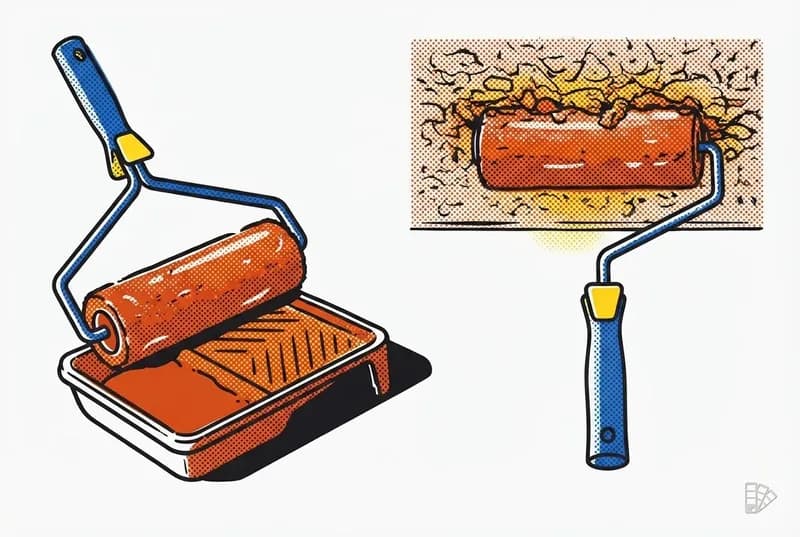 Pop-art vignette of a thick nap roller loading and pressing into ceiling texture