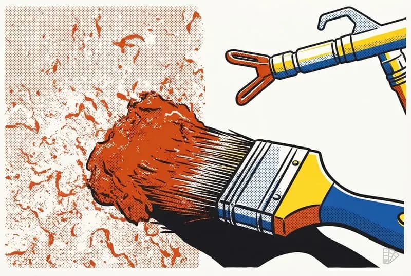 Pop-art vignette of a masonry brush working paint into pitted stucco