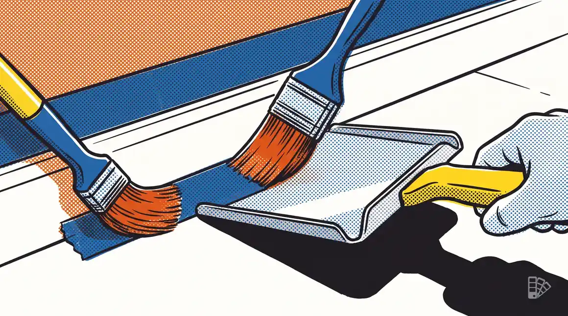 Pop-art illustration of a baseboard being cut in behind a metal paint shield