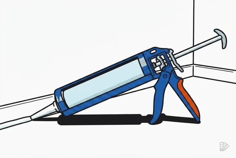 Pop-art vignette of a skeleton caulk gun laying a bead along a baseboard seam