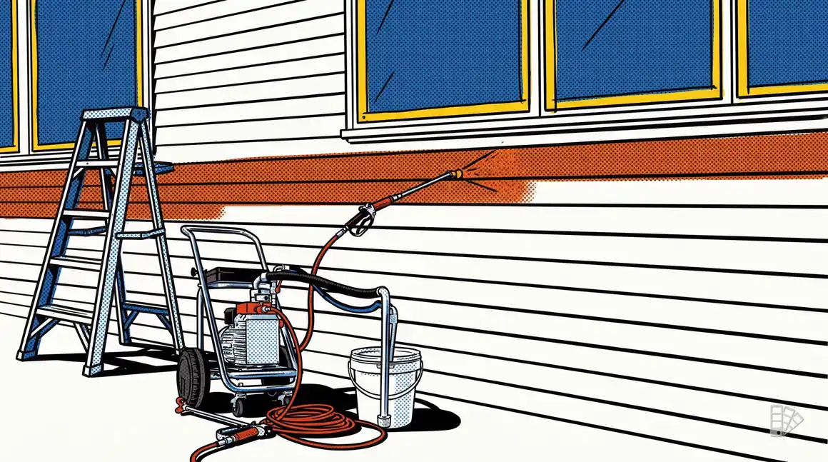 Pop-art illustration of vinyl siding being sprayed beside masked windows
