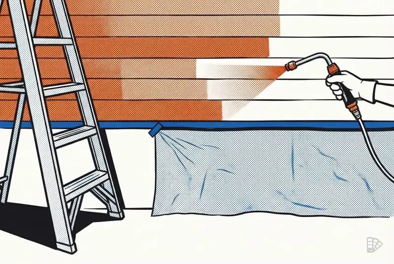 Pop-art vignette of a spray wand passing along a course of vinyl siding