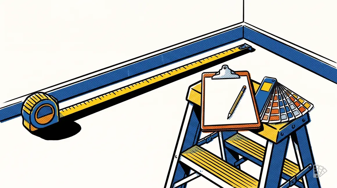 Pop-art illustration of a tape measure on a wall with a blank clipboard on a stool