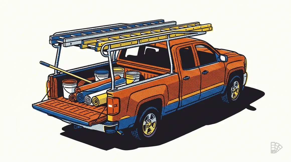 Pop-art illustration of a contractor's pickup loaded with ladders, buckets and drop cloths