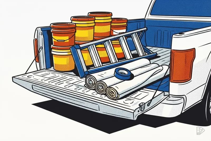 Pop-art vignette of a truck bed loaded with buckets, a ladder and drop cloths