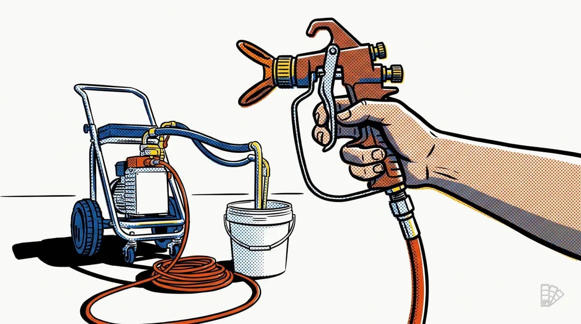 Pop-art illustration of an airless sprayer cart with its hose screwed into the gun's fluid inlet