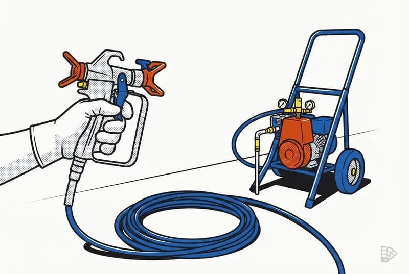 Pop-art vignette of an airless spray gun with tip guard and hose to the pump