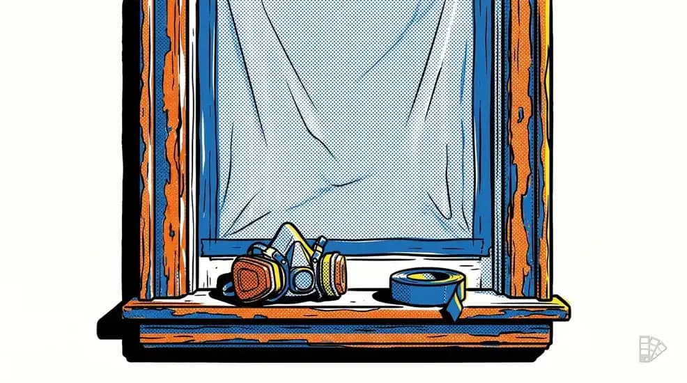 Pop-art illustration of a chipped old window sash behind containment sheeting with a respirator