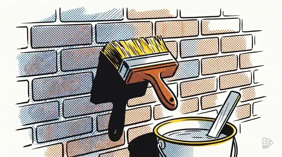 Pop-art illustration of a brick wall being lime washed with a wide block brush
