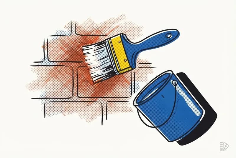 Pop-art vignette of a block brush crosshatching lime wash across brick