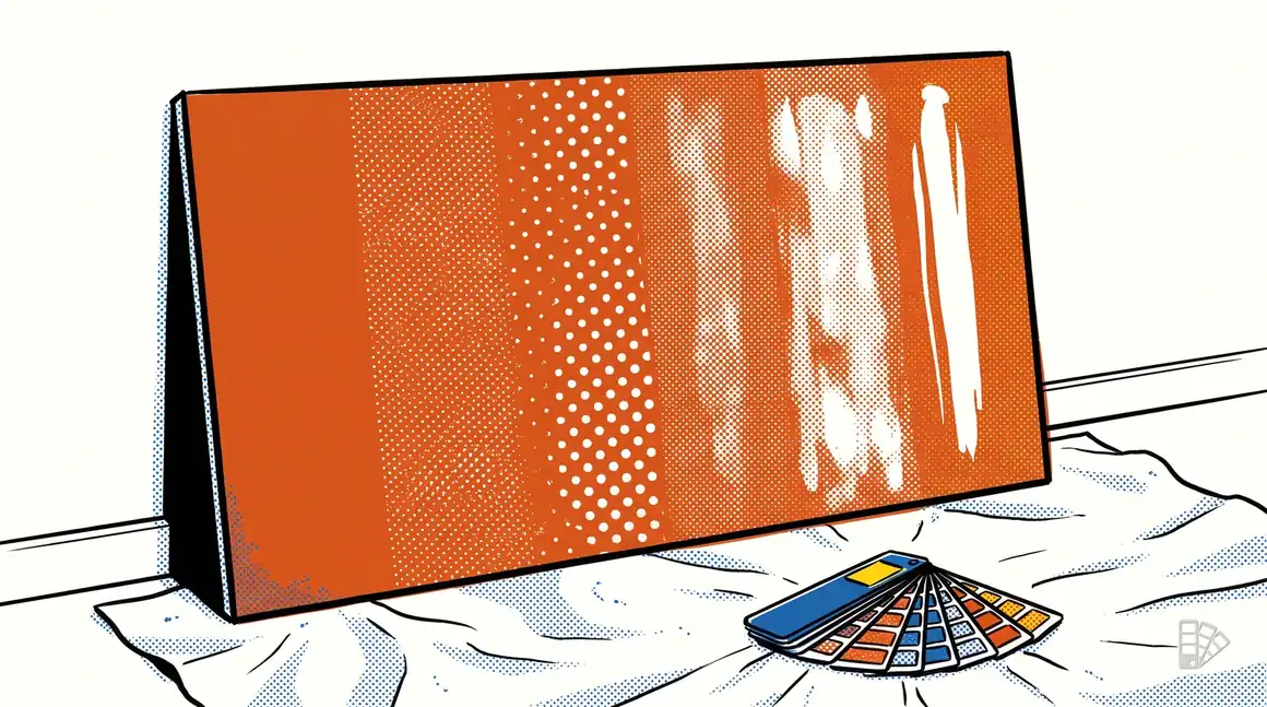 Pop-art illustration of a test board with six bands of one orange from matte to gloss