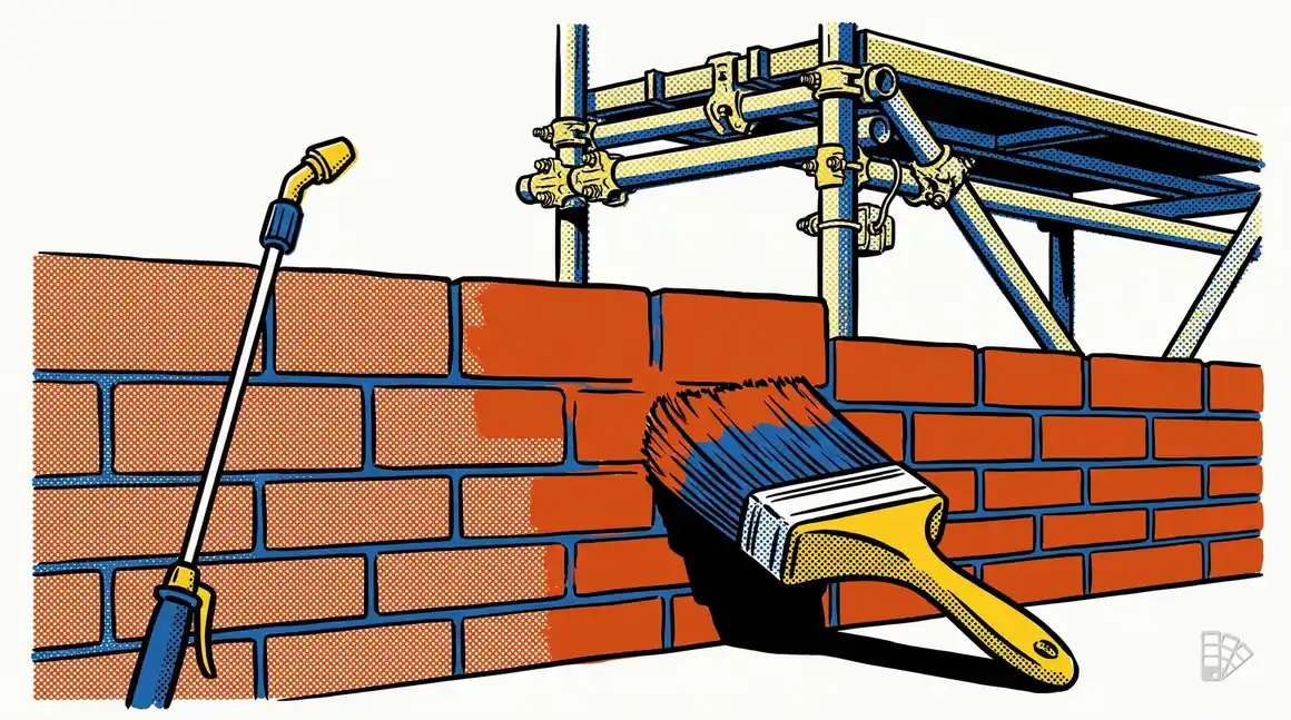 Pop-art illustration of a brick wall half coated with a masonry brush at the joints